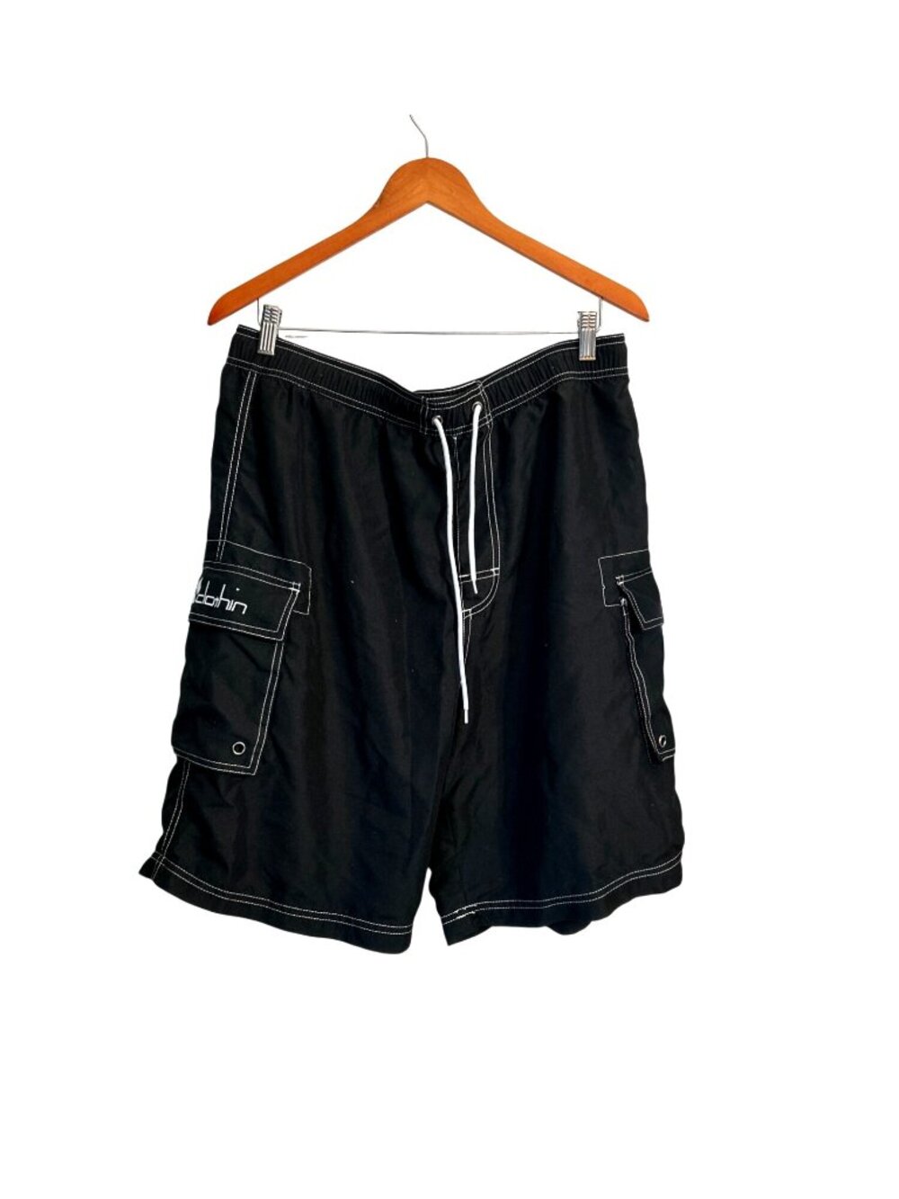 Clothin Mens 34 Black Cargo Swim Shorts With Pockets & Drawstring Waist